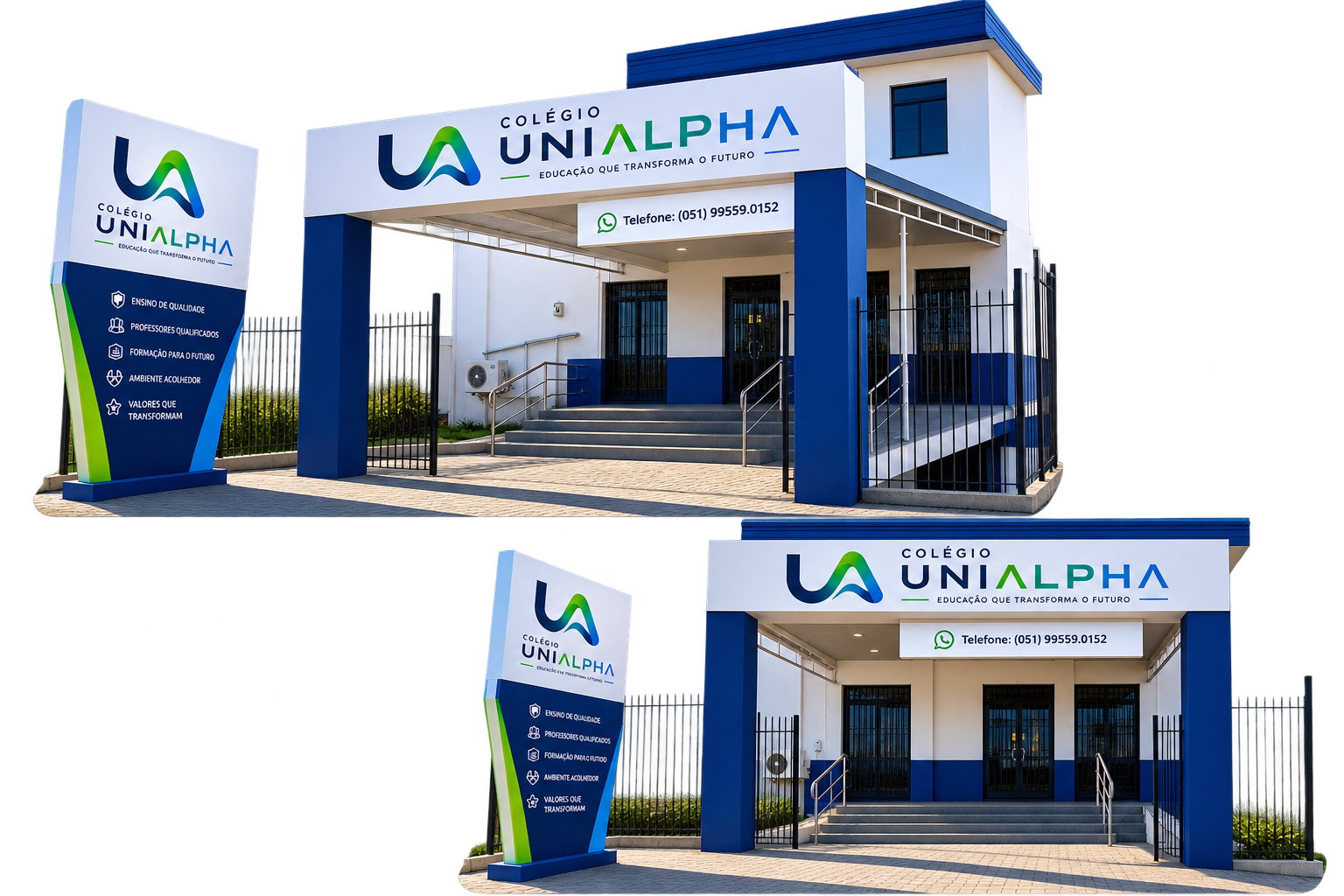 Fachada do Colégio UniAlpha com totem de identidade visual e entrada principal
